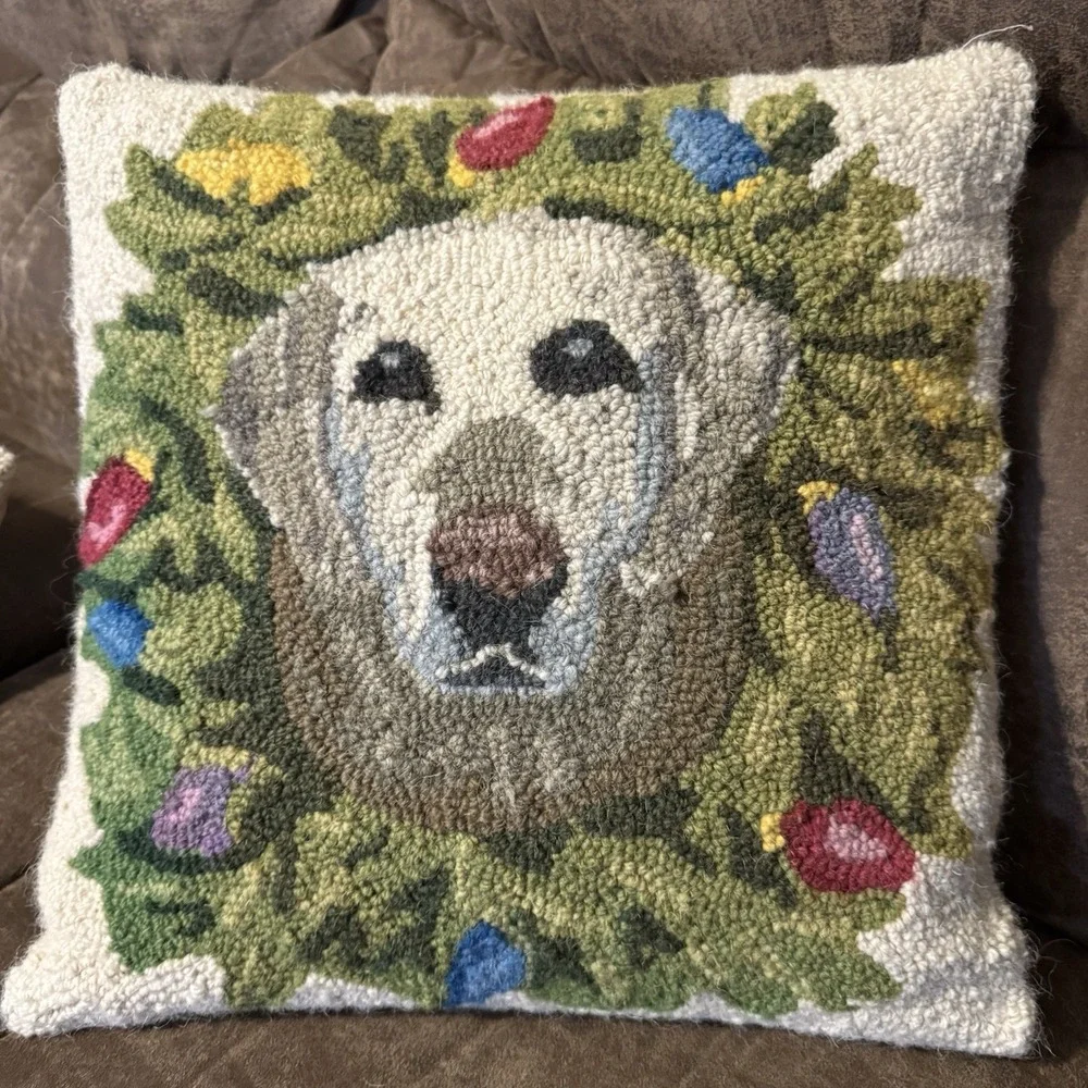 2 Golden Retriever Dog Wool Hand Hook Pillow Beige Velvet Back 16‎ X 16